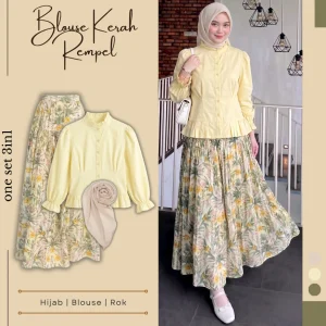 id-11134207-81ztp-mqy83cv4a1vq85 One Set Wanita Kekinian Outfit Hijab Rok Floral Blouse Linen Lengan Balon Aesthetic